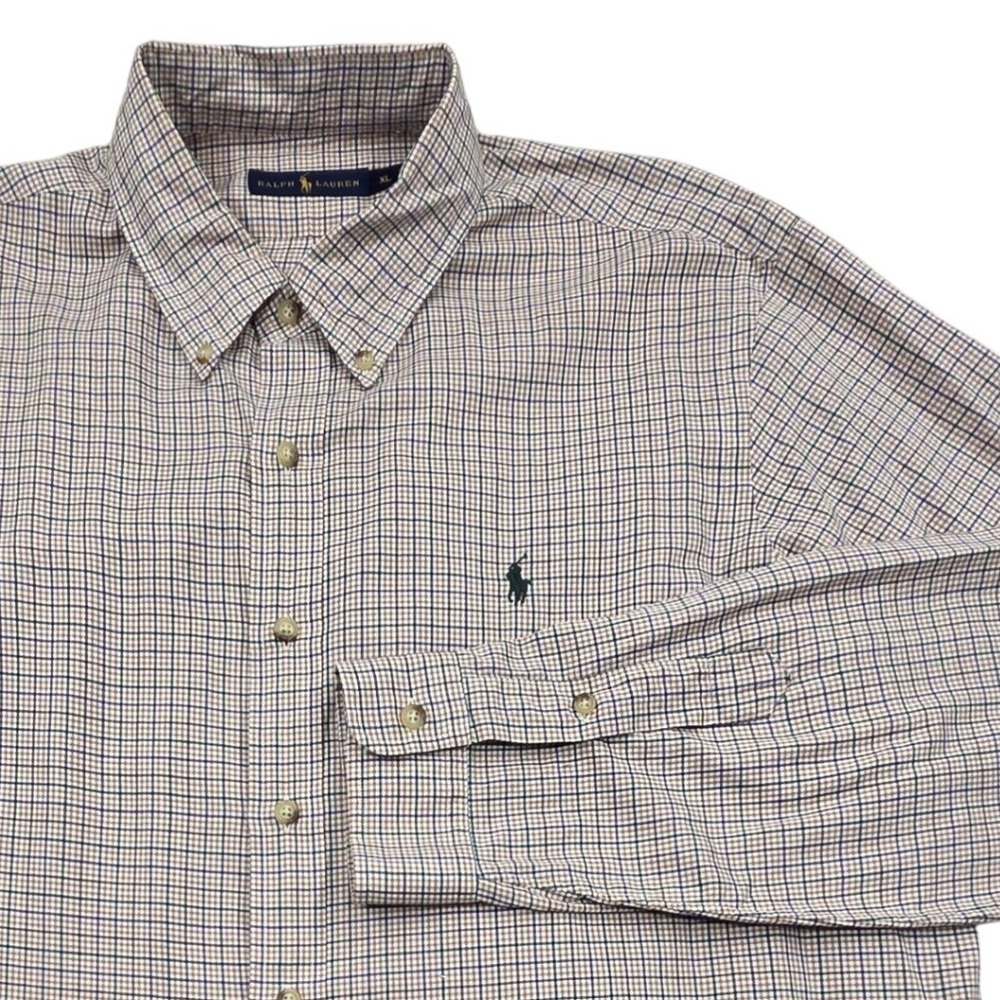 Ralph Lauren Mens XL Plaid Button Down Shirt Tan Purple Cotton Long Sleeve Pony